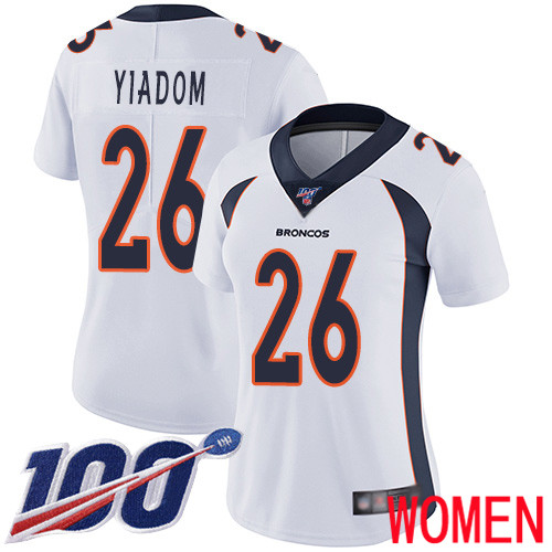 Women Denver Broncos #26 Isaac Yiadom White Vapor Untouchable Limited Player 100th Season Football NFL Jersey->youth nfl jersey->Youth Jersey